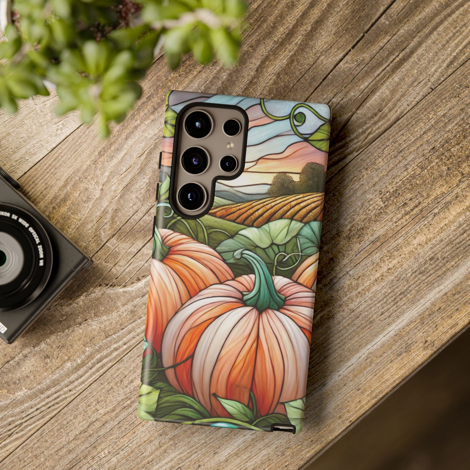 Pumpkins Phone Case Fall Faux Stained-Glass Thanksgiving Cover Pumpkin Lovers Gift for Galaxy S 24 23 22 21 Pixel 5 6 7 8 iPhone 17 , 16 15 14 13 12 Samsung iPhone Samsung Gift for Her