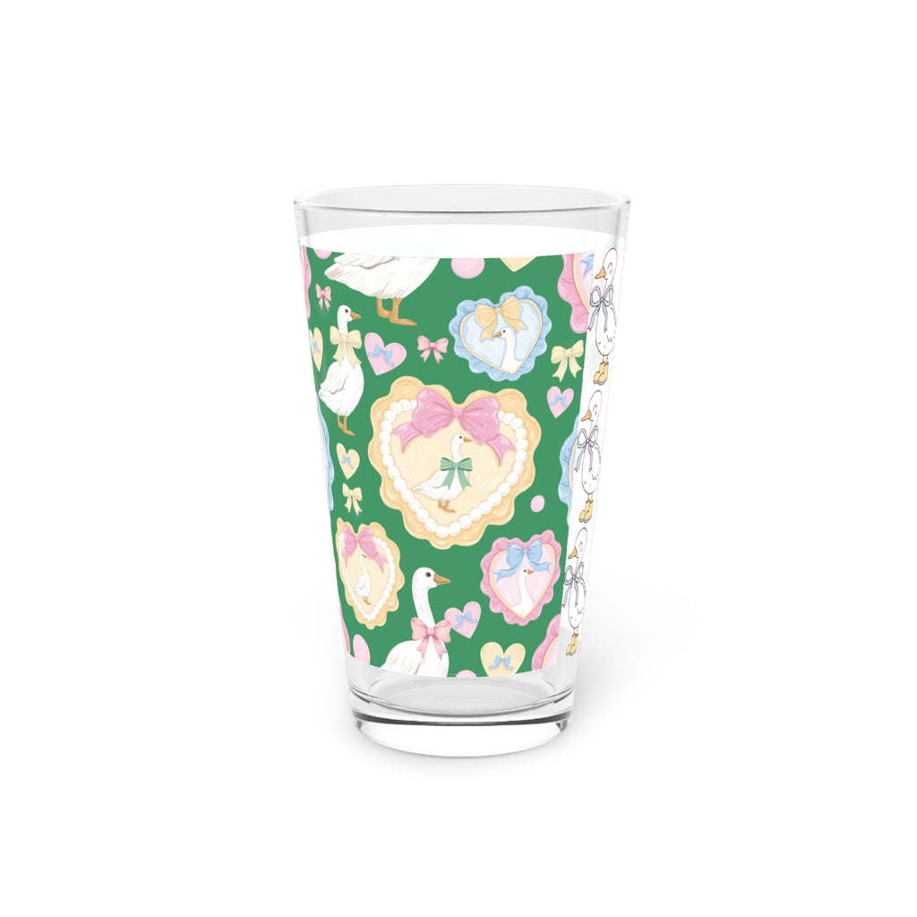 Green Silly Goose Pint Glass with Pastel Bows & Hearts – Charming Glassware