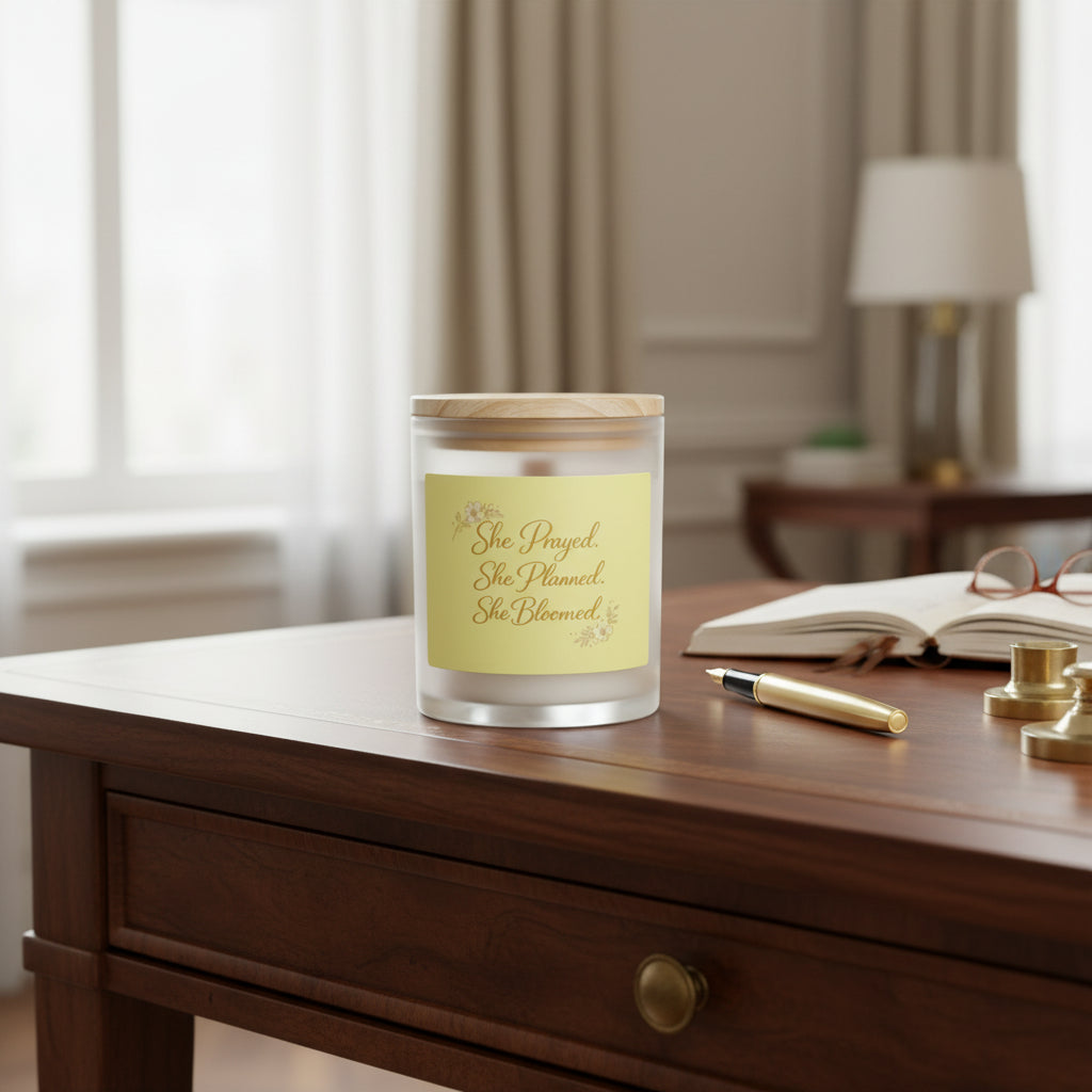 She Prayed She Planned She Bloomed — Inspirational Frosted Glass Candle (11 oz)