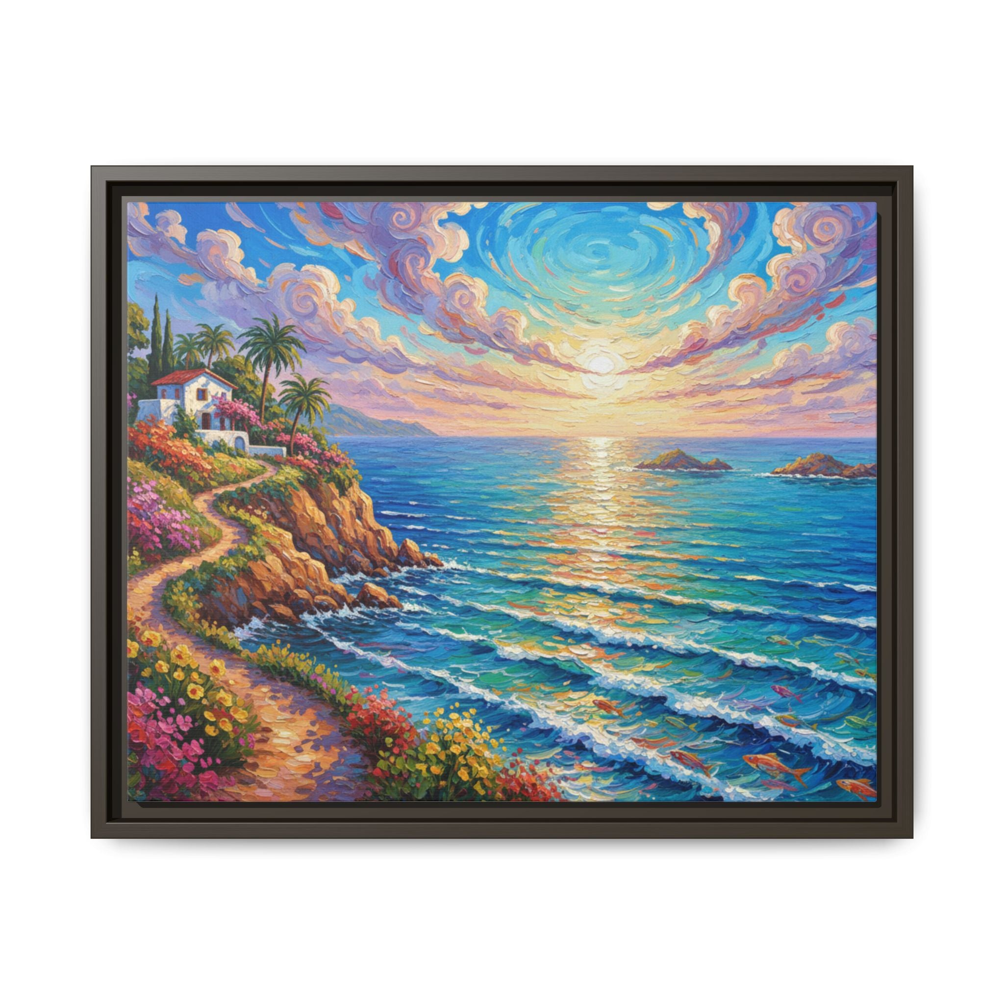 Ocean Floral Print Canvas | Bright Colorful Seascape Wall Art, Framed Matte Office Art Work