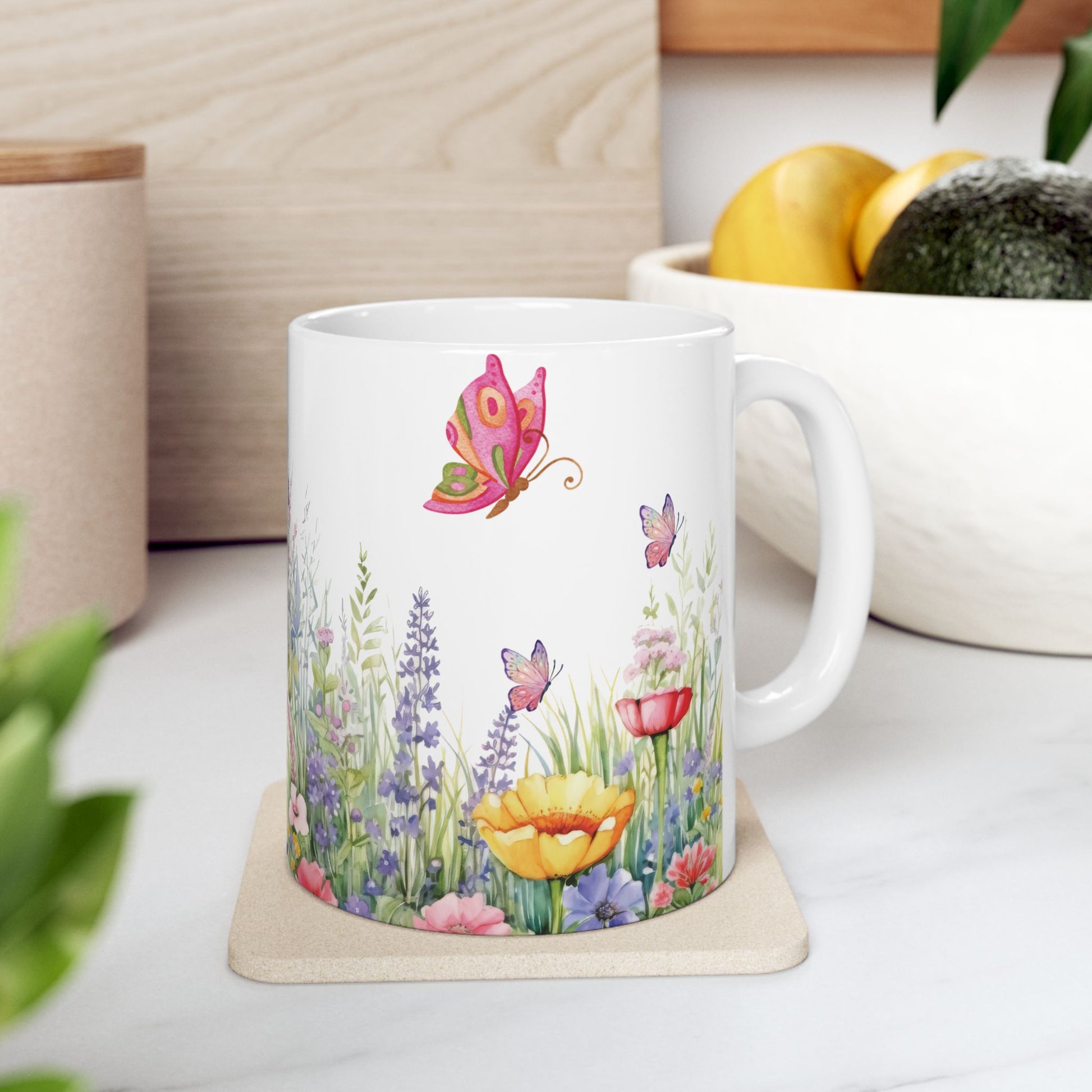 Wildflowers & Butterflies Mug - 11oz & 15oz | Floral Coffee Cup for Tea, Hot Chocolate | Nature-Inspired Gift for Butterfly & Flower Lovers