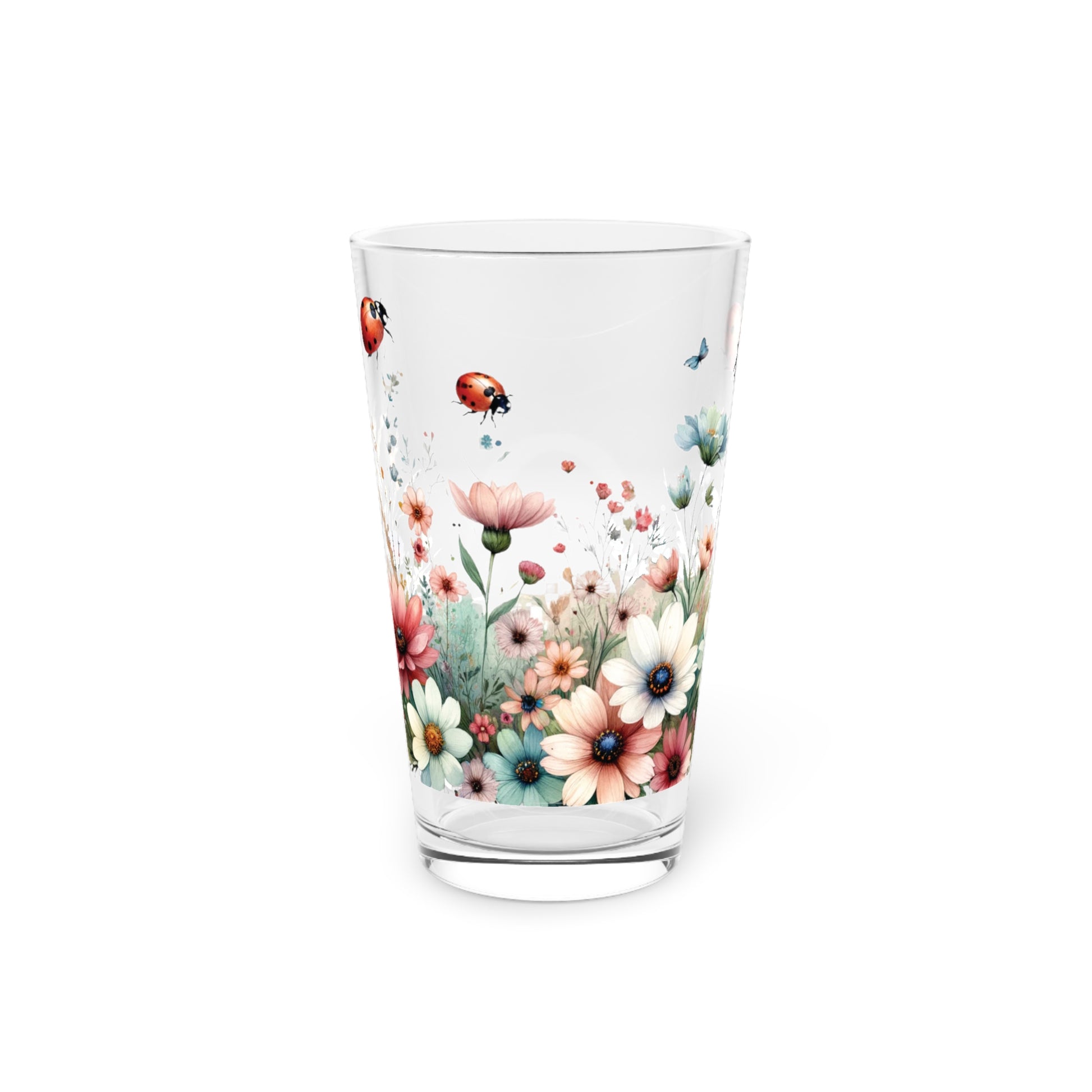 Watercolor Lady Bugs and Floral 16oz Pint Glass Delicate Blooms for Refreshing Sips Art Gifts, Party Drinkware, Cocktail Glass Housewarming Perfect Gift Party Drinkware, Cocktail, Wedding Perfect for Parties Glassware, New House Gift.