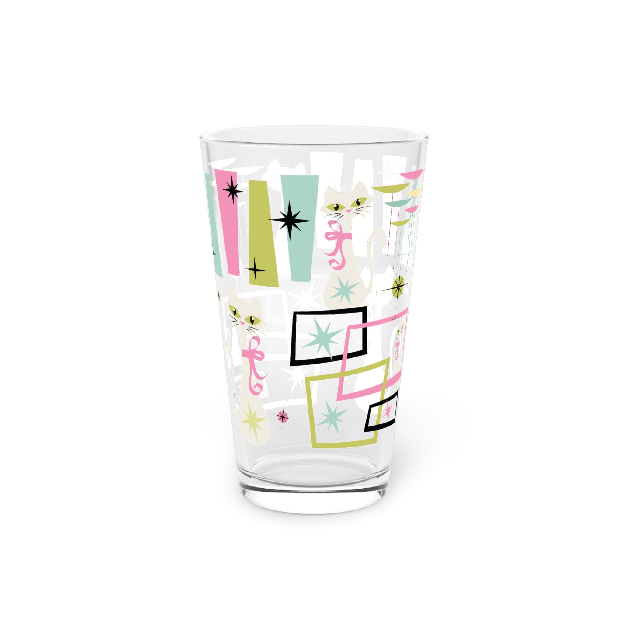 Mid-Century Modern 16oz Pint Glass – Pastel Atomic Kitty Cats, Retro 50s Vintage-Inspired Drinkware for Cocktails or Everyday Use! Handwash Only