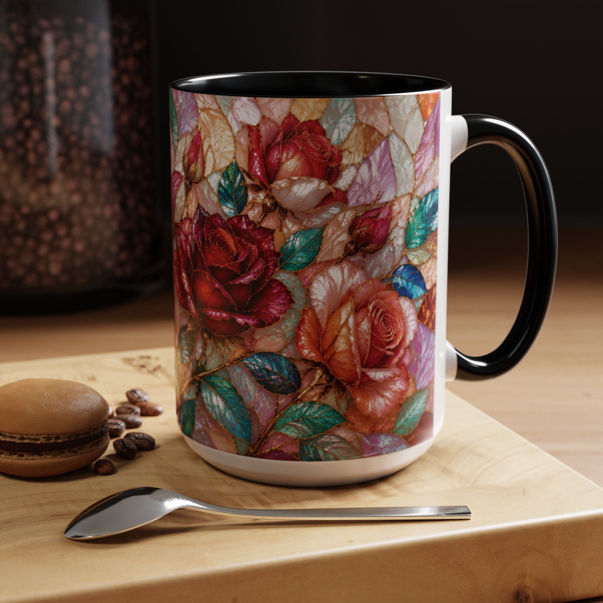 Floral Stained-Glass Accent Coffee Mug Colorful Rose Pattern (11/15 oz) Gift for Her