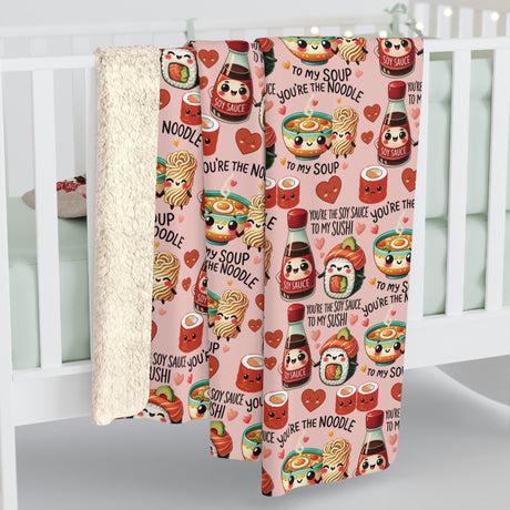 Sherpa Fleece Blanket Cozy Kawaii Sherpa Fleece Blanket Adorable Sushi & Noodle Charm Design, Perfect for Snuggling, Gifting, or Adding a Cute Touch to Your Home Déco