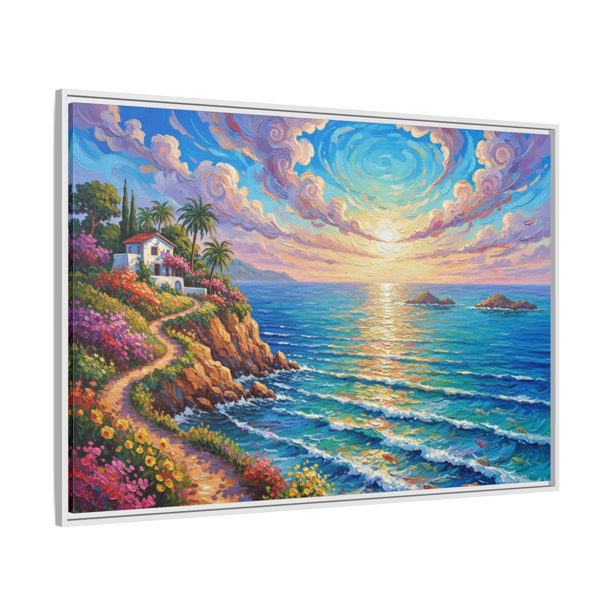 Toile imprimée florale océanique | Décoration murale colorée et lumineuse de paysage marin, œuvre d'art de bureau encadrée et mate