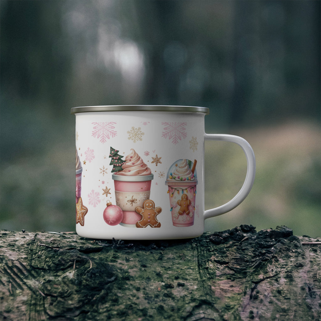 Enamel Camping Mug 12oz Enamel Camping Mug Pink Christmas Gingerbread Design | Durable, Lightweight Mug for Holiday Camping, Hot Cocoa, Coffee | Festive Gingerbread Art Perfect Christmas Gift - MRSBYVALLE