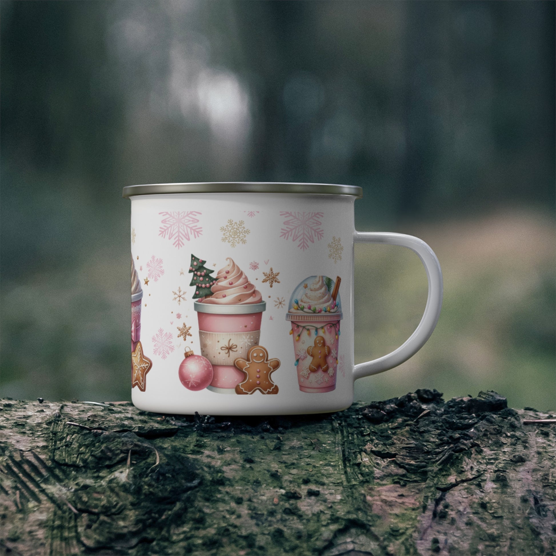 Enamel Camping Mug 12oz Enamel Camping Mug Pink Christmas Gingerbread Design | Durable, Lightweight Mug for Holiday Camping, Hot Cocoa, Coffee | Festive Gingerbread Art Perfect Christmas Gift - MRSBYVALLE