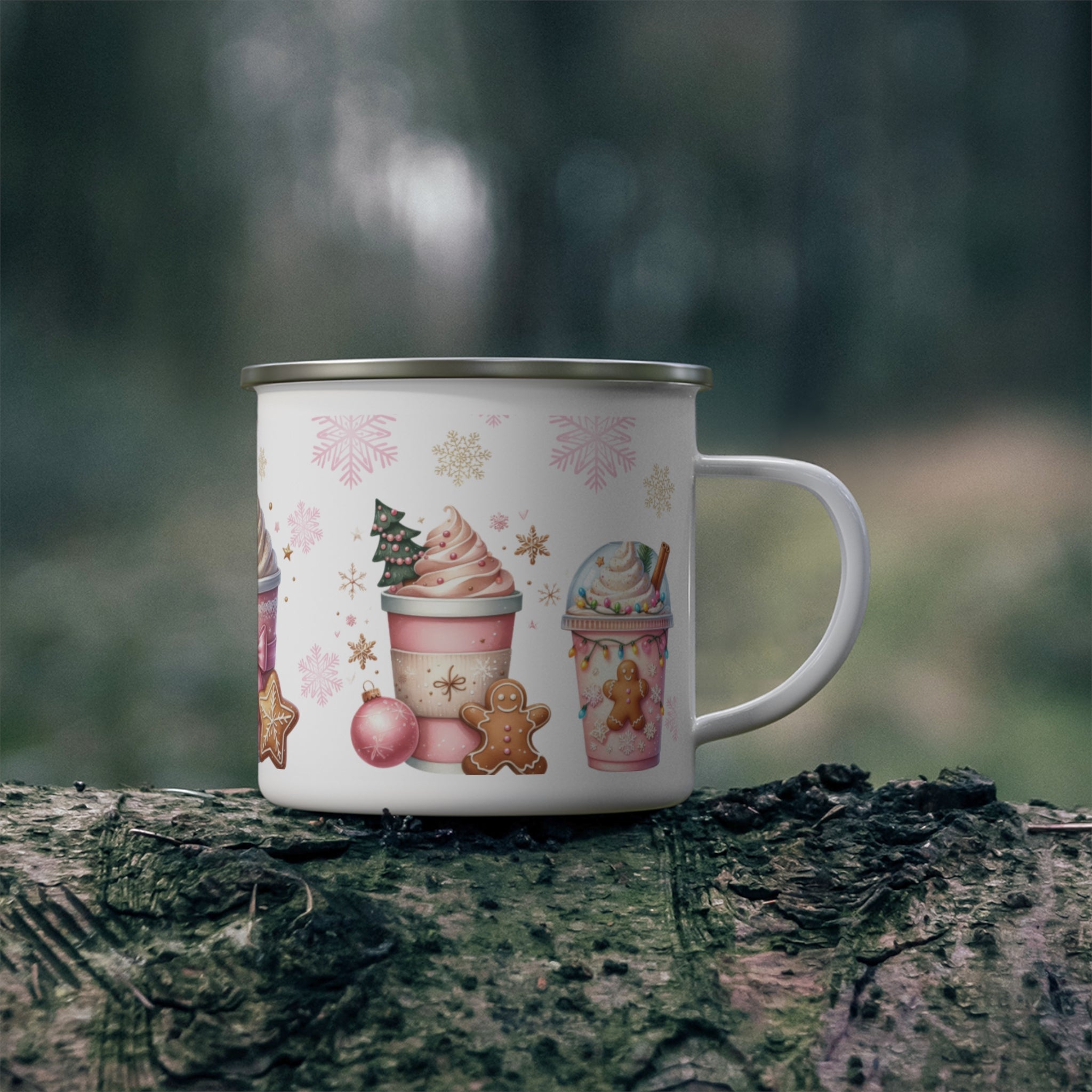 Enamel Camping Mug 12oz Enamel Camping Mug Pink Christmas Gingerbread Design | Durable, Lightweight Mug for Holiday Camping, Hot Cocoa, Coffee | Festive Gingerbread Art Perfect Christmas Gift - MRSBYVALLE