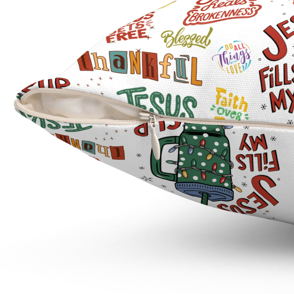 Coussin carré "Jesus Fills My Cup" – Verset biblique inspirant et affirmation chrétienne – Coussin décoratif pour la maison ou le bureau – Cadeau pour pasteur