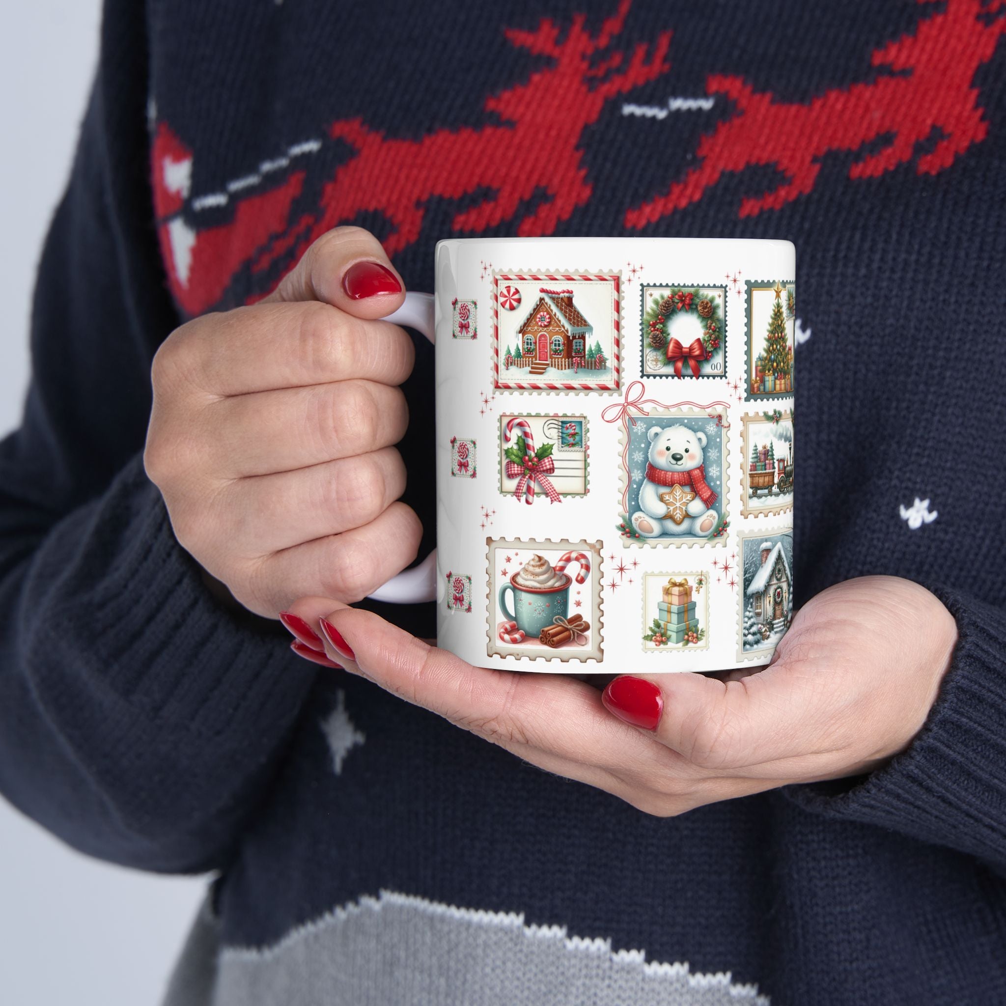 Christmas Postal Stamps Mug 15 and 11 oz Perfect for Coffee, Hot Chocolate and more