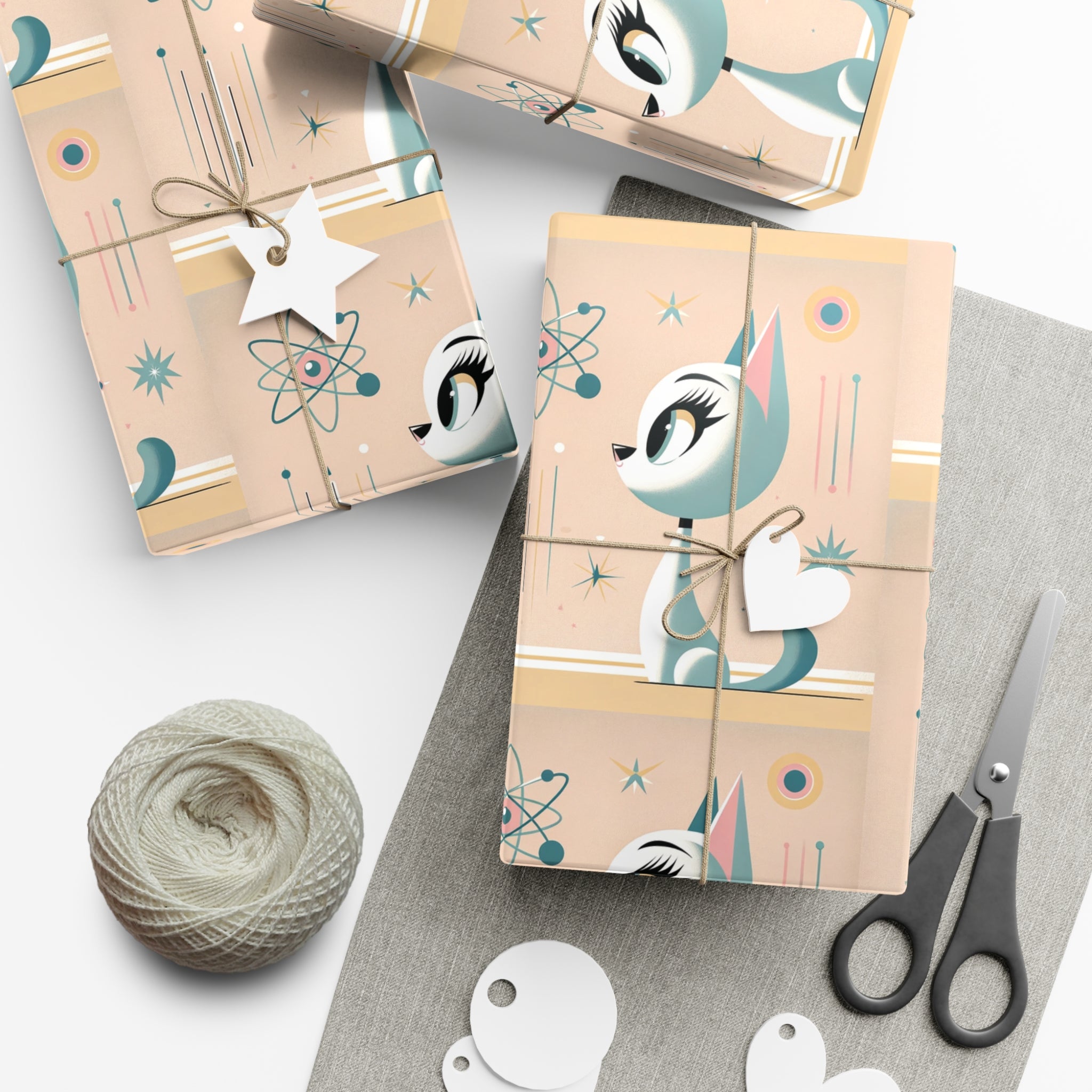 Atomic Pastel Cat 3D Illusion Wrapping Paper Cat Lover Gift Wrap it's Perfect for Weddings, Bridal & Baby Showers Eco-Friendly, Vibrant Design in Matte/Satin, All Occasion.
