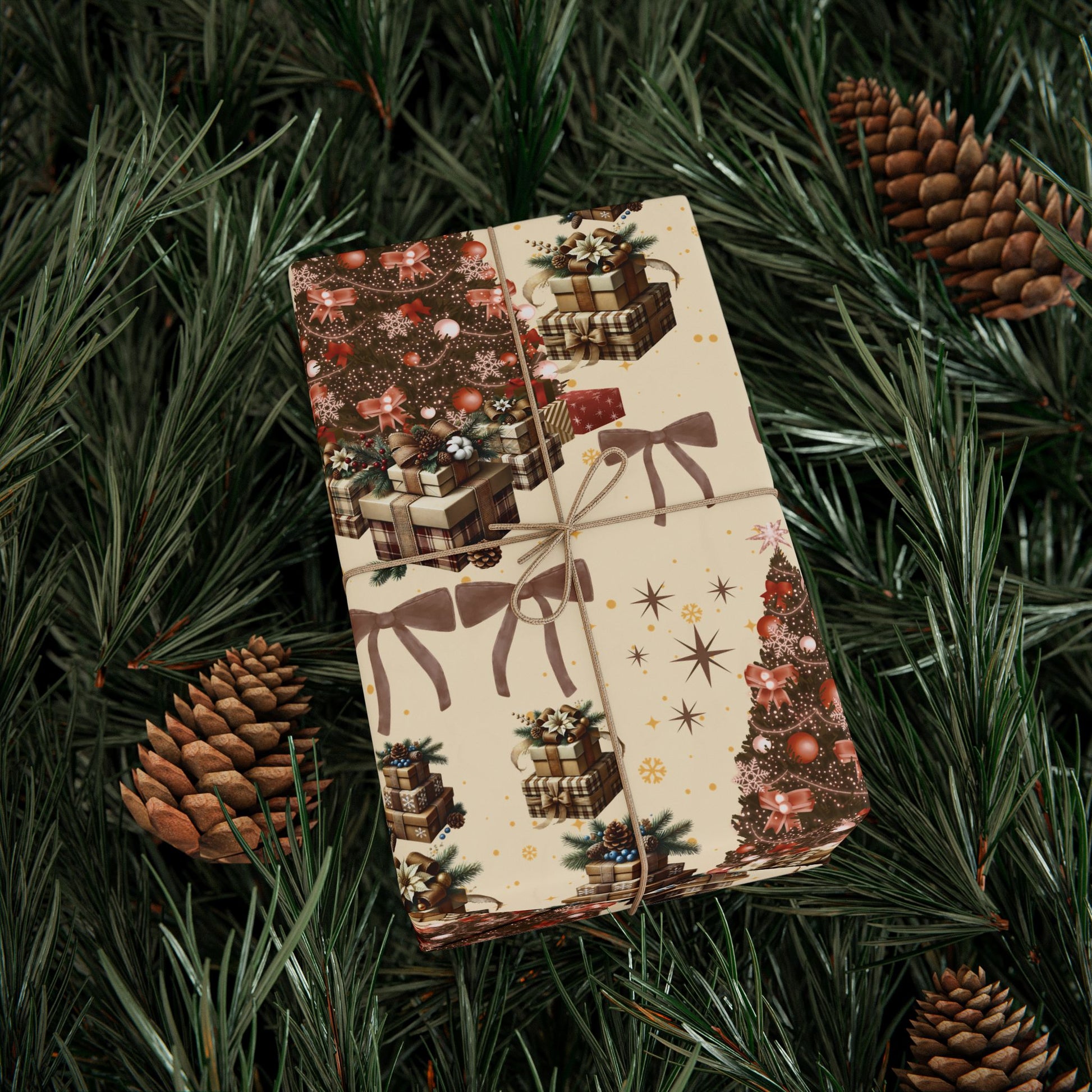 Brown Cozy Christmas Wrapping Paper Warm Holiday Gift Wrap with Tree Pattern  Festive Design
