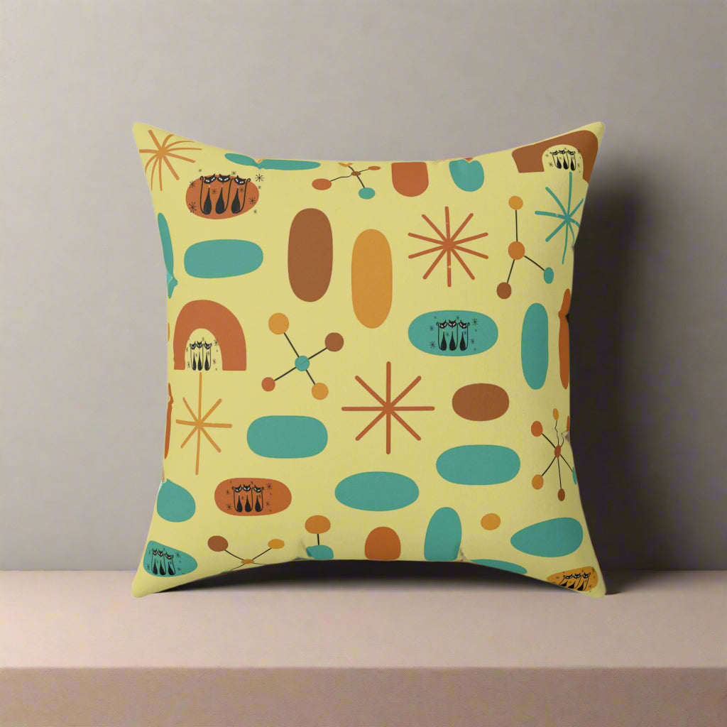 Atomic Cat Throw Pillow, Mid Century Modern Yellow Cushion, Retro Kitty Accent Pillow, Pastel Coquette Bow, Vintage Home Decor, Reading Nook