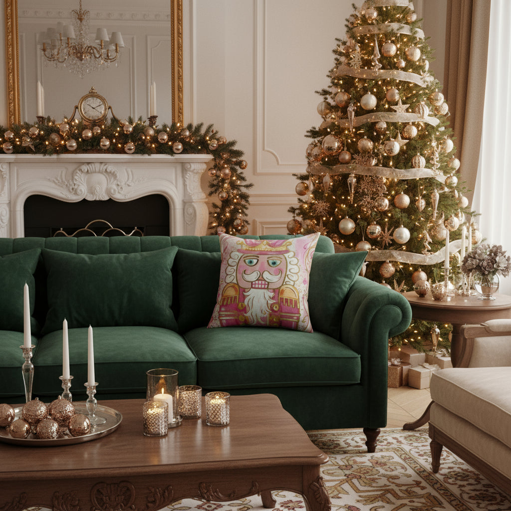 Decorative pillow with a cartoon king design on a pink background