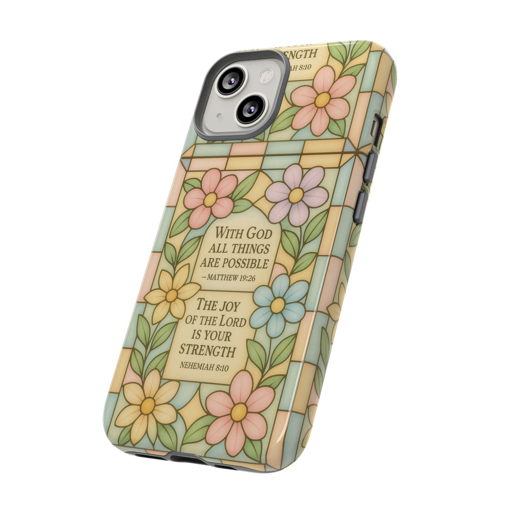 Pastel Stained Glass Bible Verse Phone Case Christian Affirmation Cover, Soft Geometric Design, iPhone Samsung Google, Faith Gift for Her Bible Verse or Affirmation | Protective, Inspirational Gift for Christians