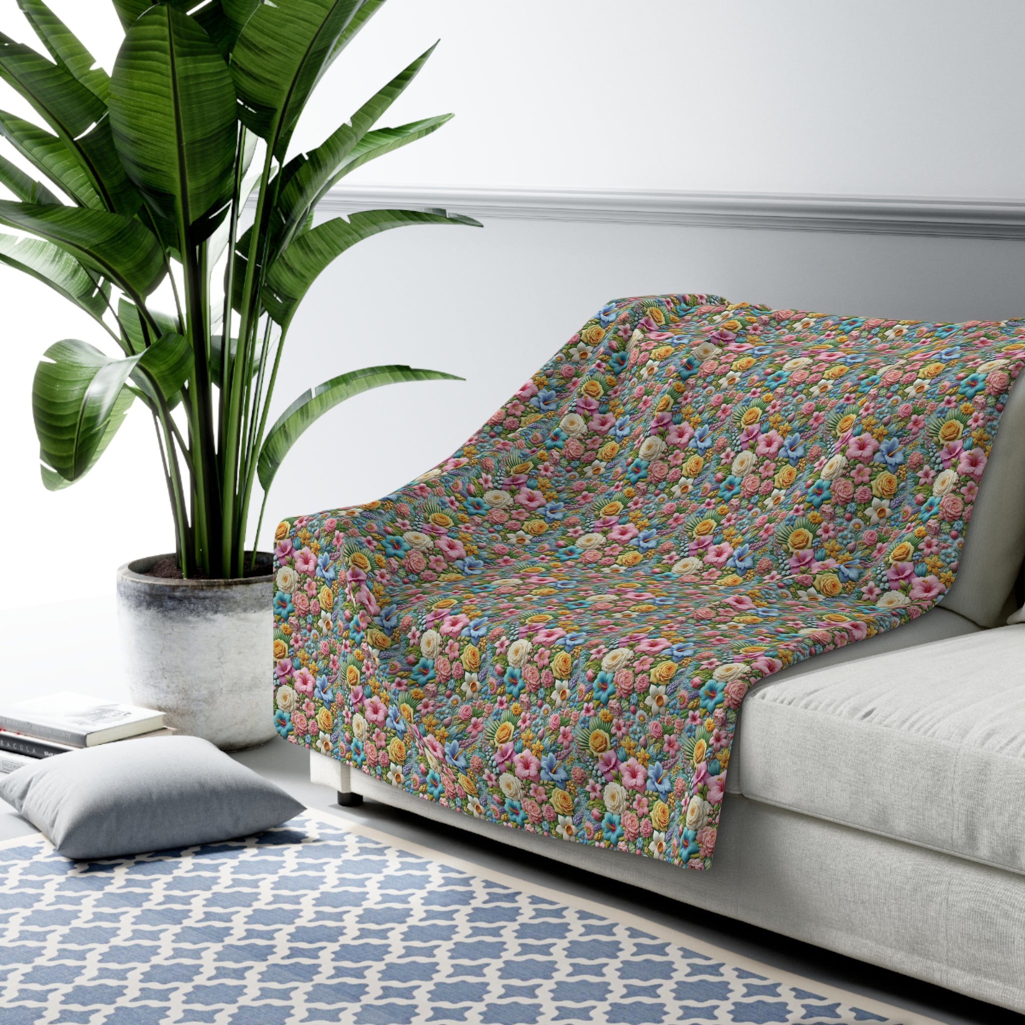 Pastel Floral Sherpa Blanket – Cozy and Elegant, Soft Fleece with Beautiful Flower Design, Perfect for Home Décor, Lounging, or as a Thoughtful Gift for her - MRSBYVALLE