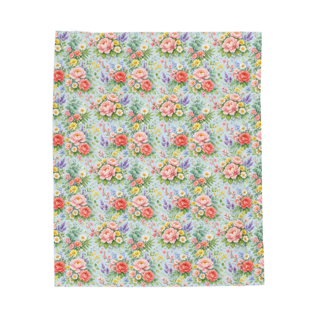 Icy Blue Watercolor Floral Velveteen Plush Blanket — Soft Floral Throw for Cozy Home & Gift