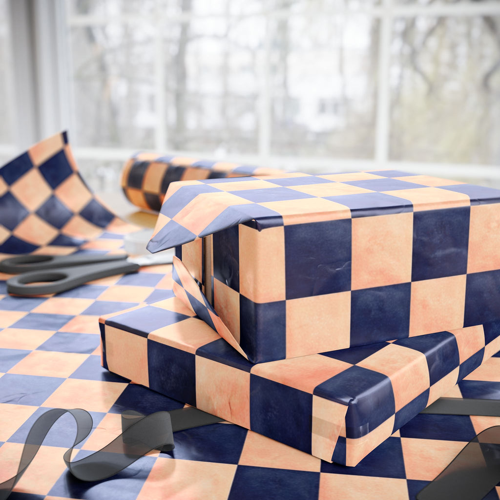 Navy and  Peach Checkerboard Wrapping Paper Wedding, Birthdays