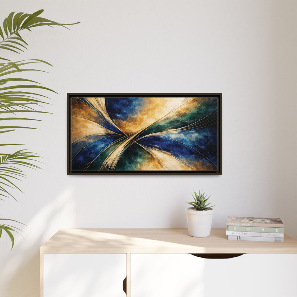 Gilded Convergence  Luxe NeoDeco Blue & Gold Abstract Wall Art Framed