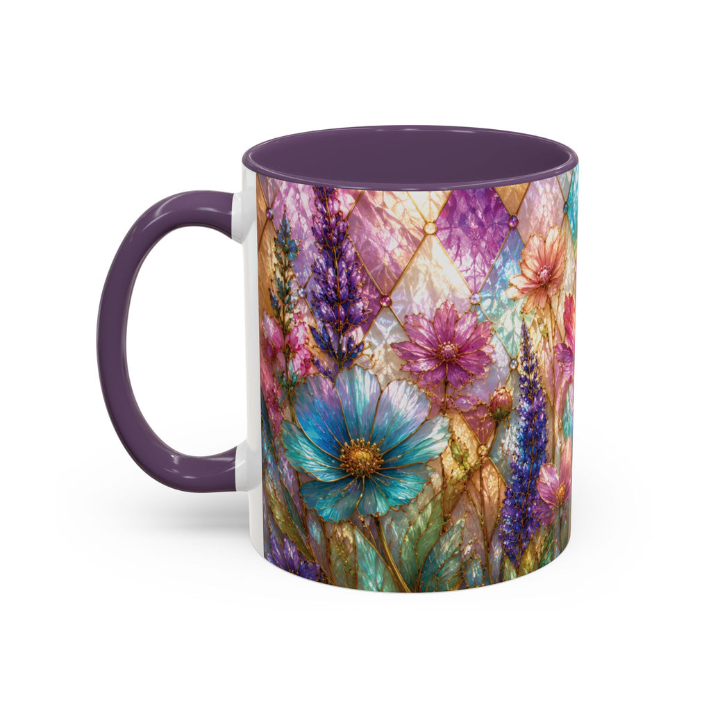 Floral Mosaic Accent Coffee Mug — Colorful Garden Flowers 11/15oz Stain Glass Illusion
