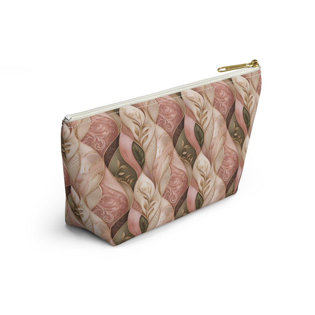 Braided Floral Accessory Pouch — Pink & Olive T‑Bottom Cosmetic Bag