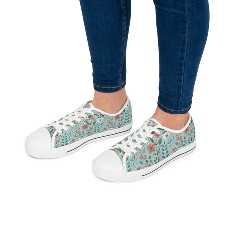 Aqua and Pink Floral Women's Low Top Sneakers Breathable Polyester Canvas, Lightweight Stylish Floral Pastel Design, Comfortable All-Day Wear, Perfect for Walking and Everyday Activities - MRSBYVALLE