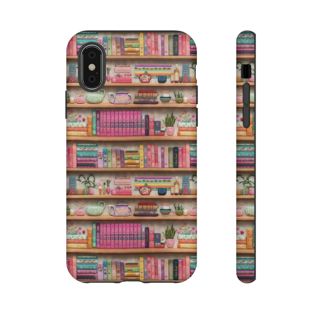 Whimsical 3D Embroidery Illusion Books on Pastel Shelves Phone Case for iPhone, Samsung & Pixel: Unique Accessory for Literary Enthusiasts Gift for Her Perfect for Floral Lover