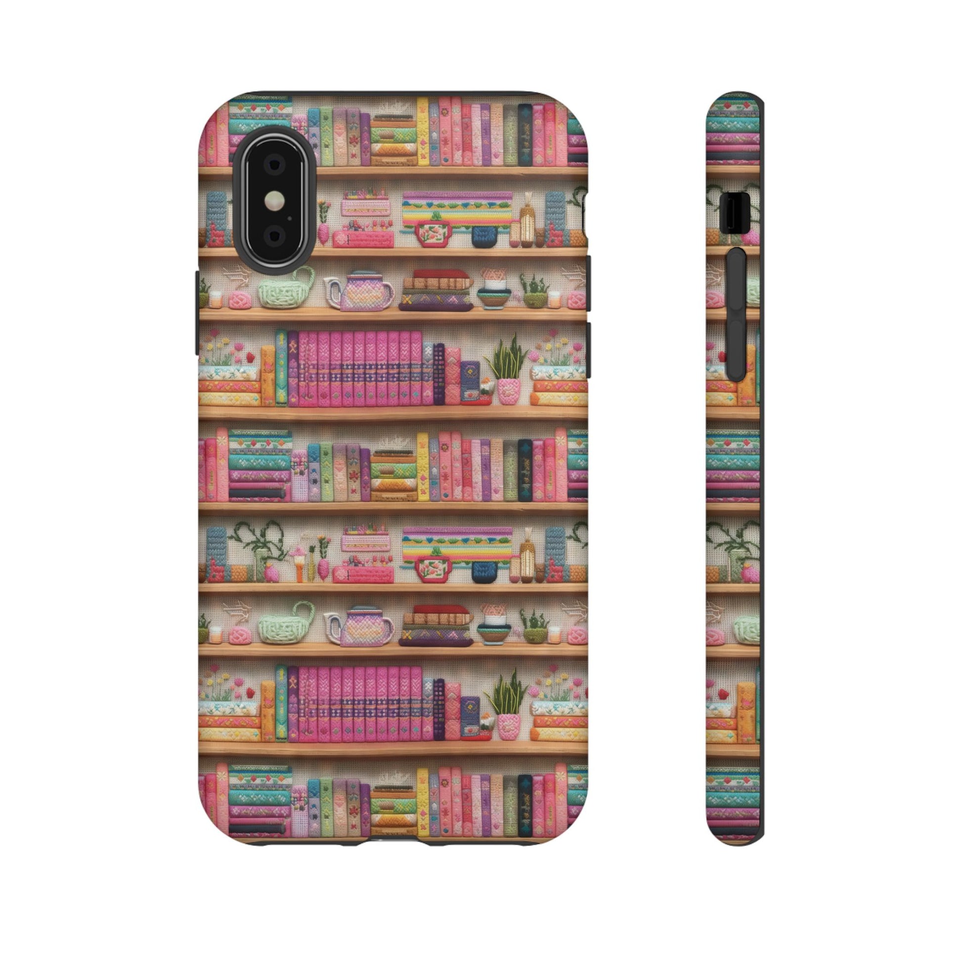 Whimsical 3D Embroidery Illusion Books on Pastel Shelves Phone Case for iPhone, Samsung & Pixel: Unique Accessory for Literary Enthusiasts Gift for Her Perfect for Floral Lover