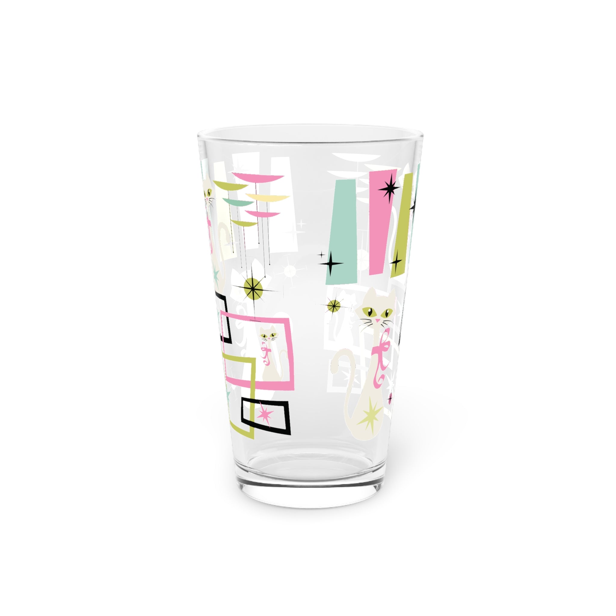 Mid-Century Modern 16oz Pint Glass – Pastel Atomic Kitty Cats, Retro 50s Vintage-Inspired Drinkware for Cocktails or Everyday Use! Handwash Only