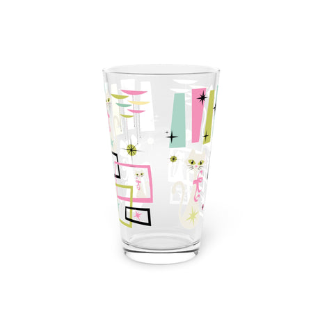 Mid-Century Modern 16oz Pint Glass – Pastel Atomic Kitty Cats, Retro 50s Vintage-Inspired Drinkware for Cocktails or Everyday Use! Handwash Only