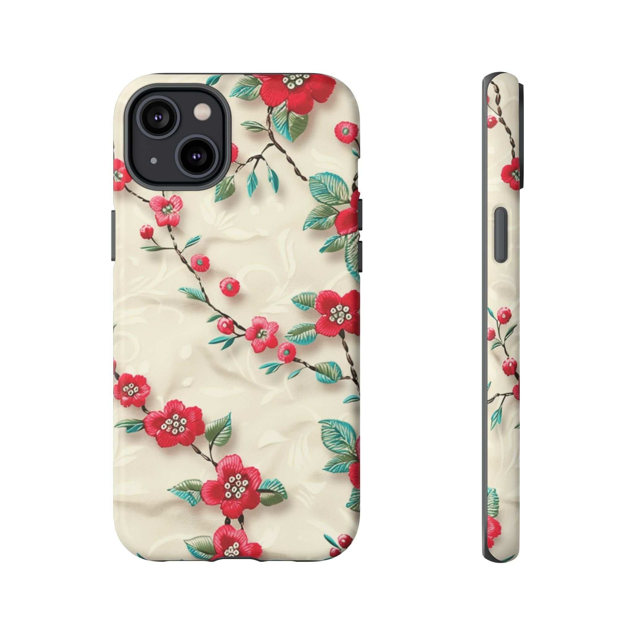 3D Embroidery Illusion Red Flowers Phone Case for iPhone, Samsung Pixel Artistic Floral Protection 15 14 13 12, 21 23 Gift for Her Perfect for Floral Lover