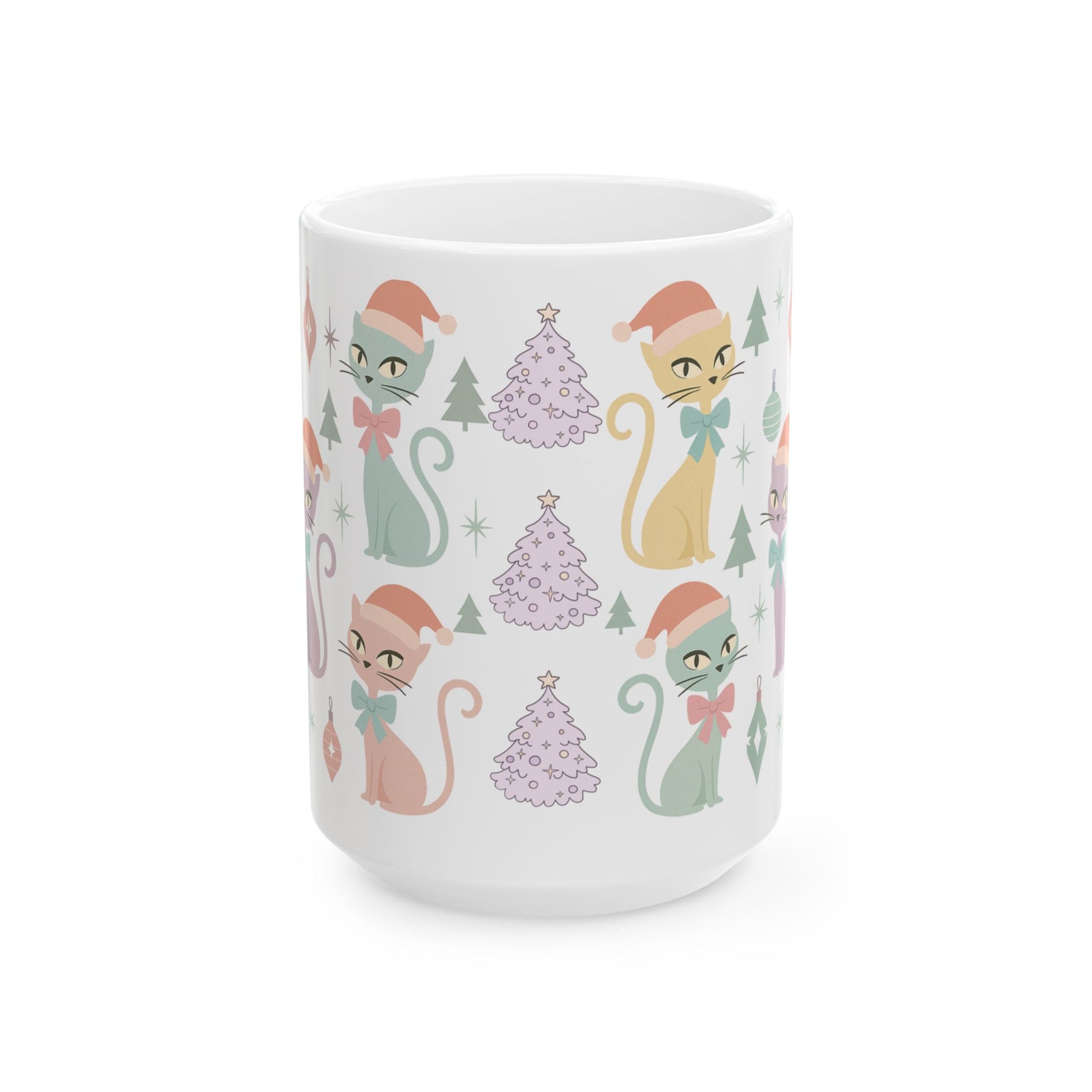 Pastel Atomic Cat Mug, Retro Mid Century Modern Coffee Cup, Vintage Kitty Design with Coquette Bow, 11oz & 15oz Ceramic Mug for Cat Lovers