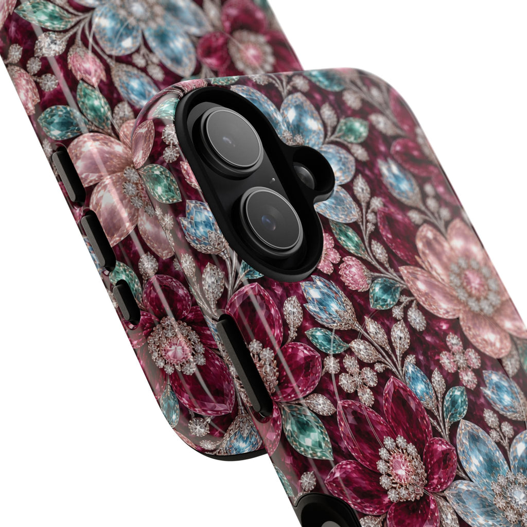 Floral faux Jewel Phone Case Sparkling Burgundy Flower Tough Magnetic Case 18 iPhone