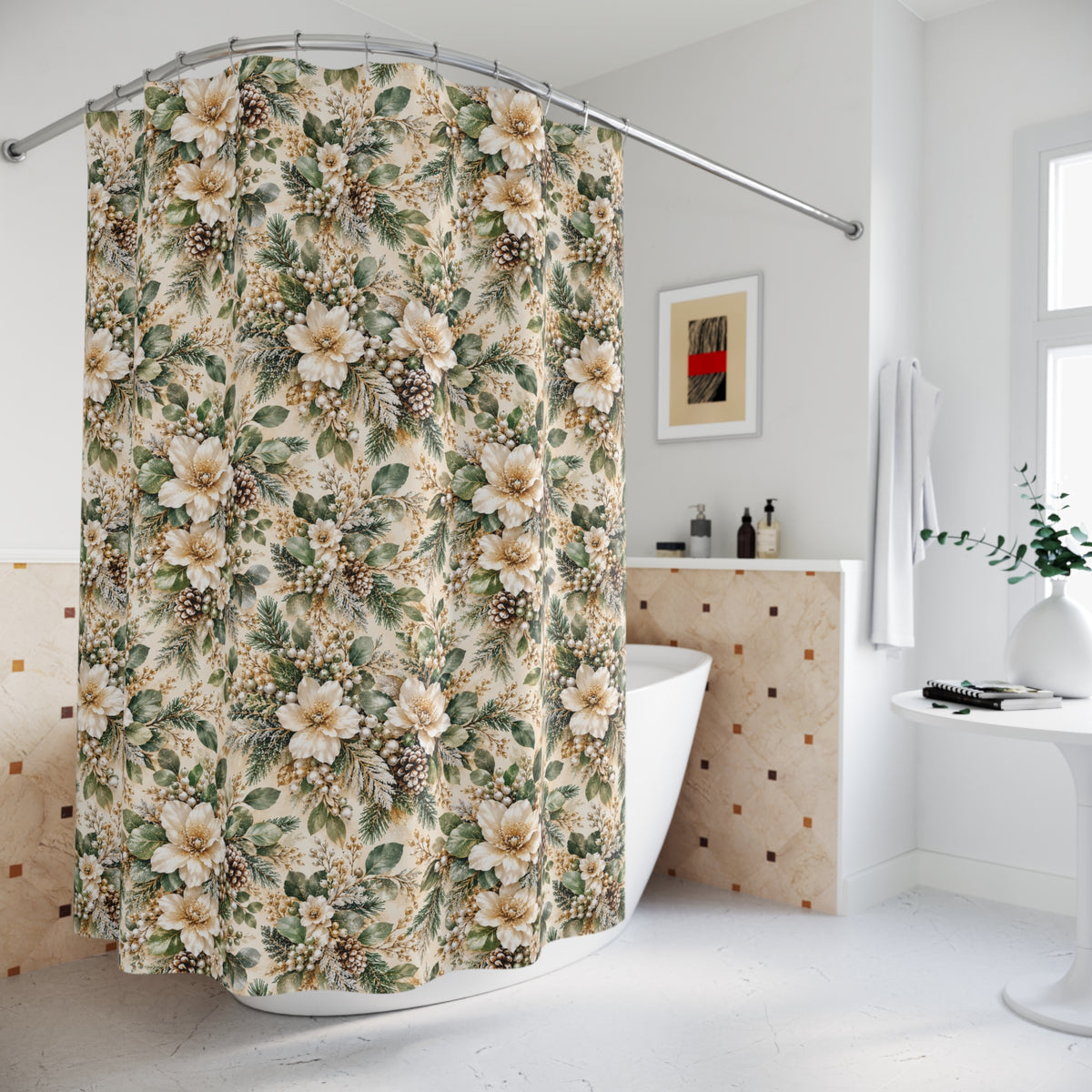 Sage Green & Champagne Floral Shower Curtain