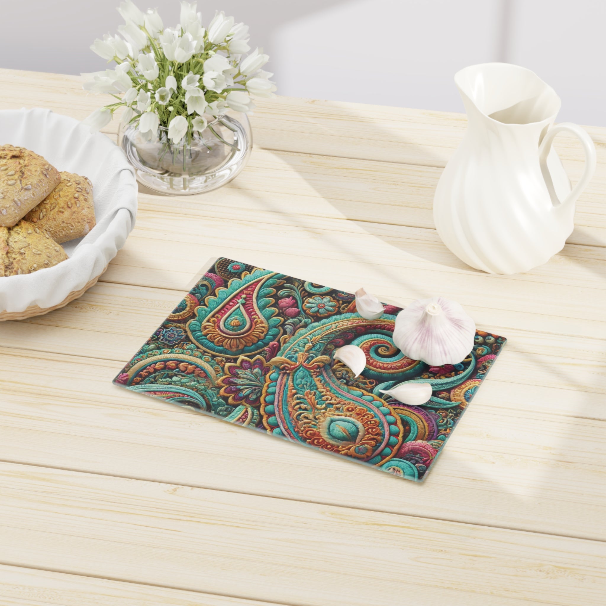 Planche à découper en verre trempé à motif floral bohème Paisley | Durable et résistante à la chaleur | Pieds antidérapants pour la stabilité | Surface résistante aux rayures | Décoration de cuisine élégante et cadeau
