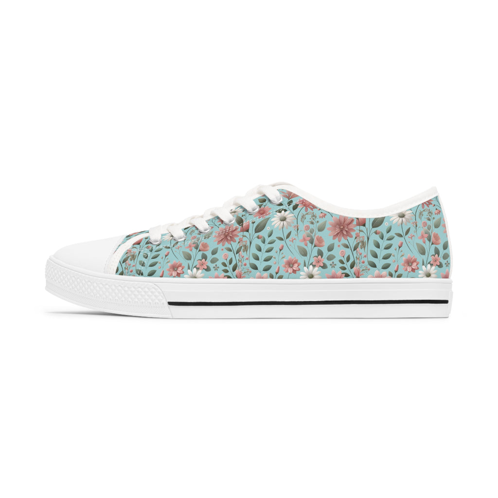 Aqua and Pink Floral Women's Low Top Sneakers Breathable Polyester Canvas, Lightweight Stylish Floral Pastel Design, Comfortable All-Day Wear, Perfect for Walking and Everyday Activities - MRSBYVALLE