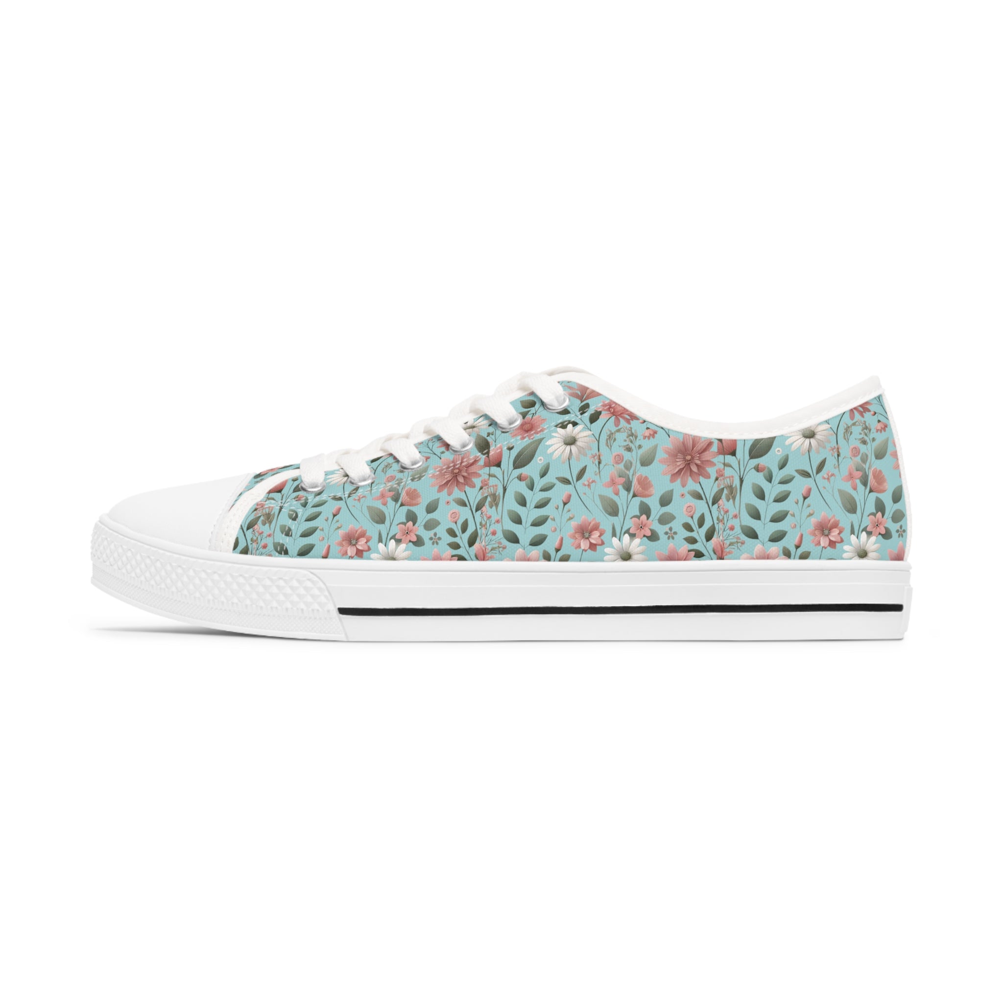 Aqua and Pink Floral Women's Low Top Sneakers Breathable Polyester Canvas, Lightweight Stylish Floral Pastel Design, Comfortable All-Day Wear, Perfect for Walking and Everyday Activities - MRSBYVALLE