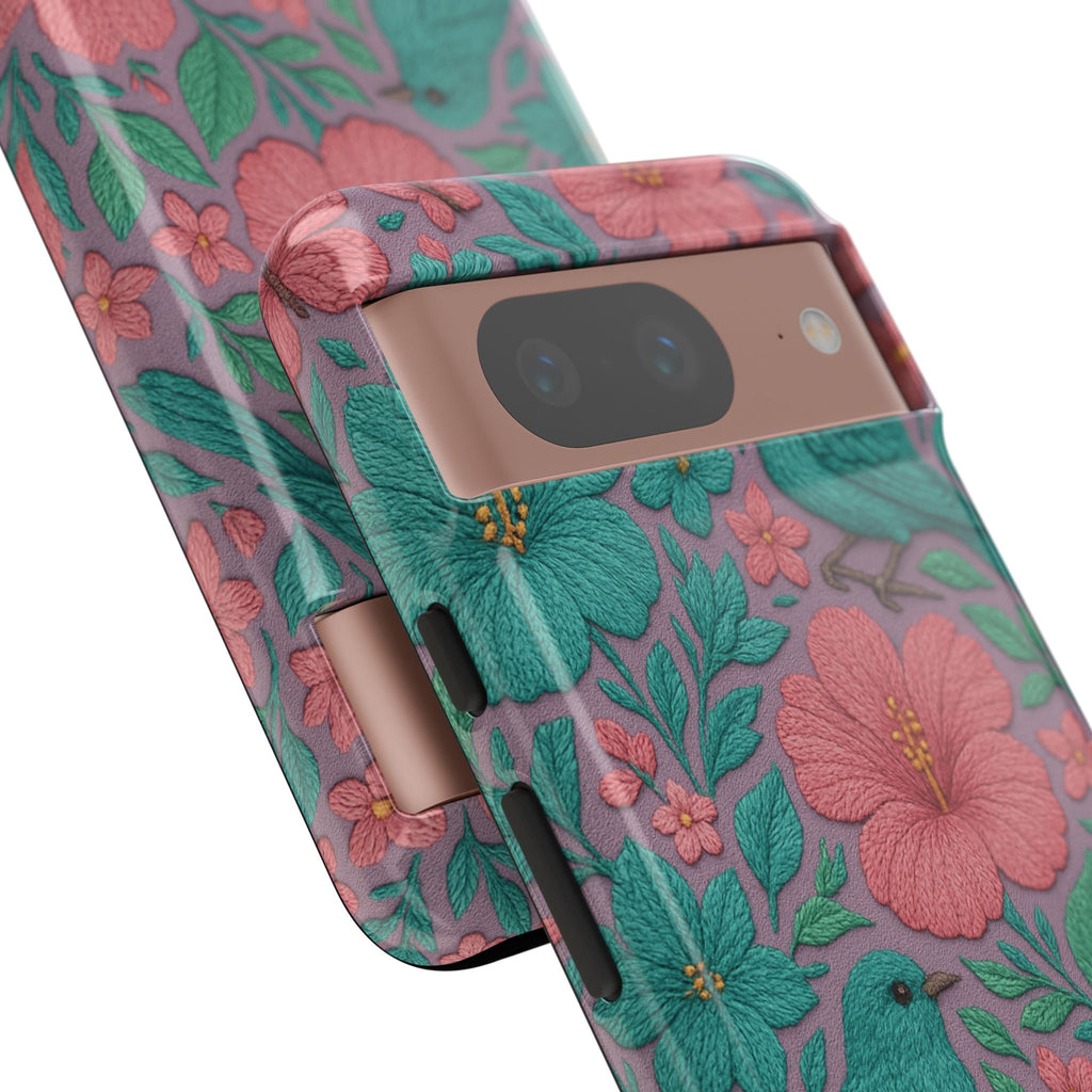 Turquoise, Pink and Lavender 3D Embroidery Illusion Phone Case Tropical Flowers, Birds & Butterflies Cover with Bold, Realistic Floral Texture iPhone, Samsung