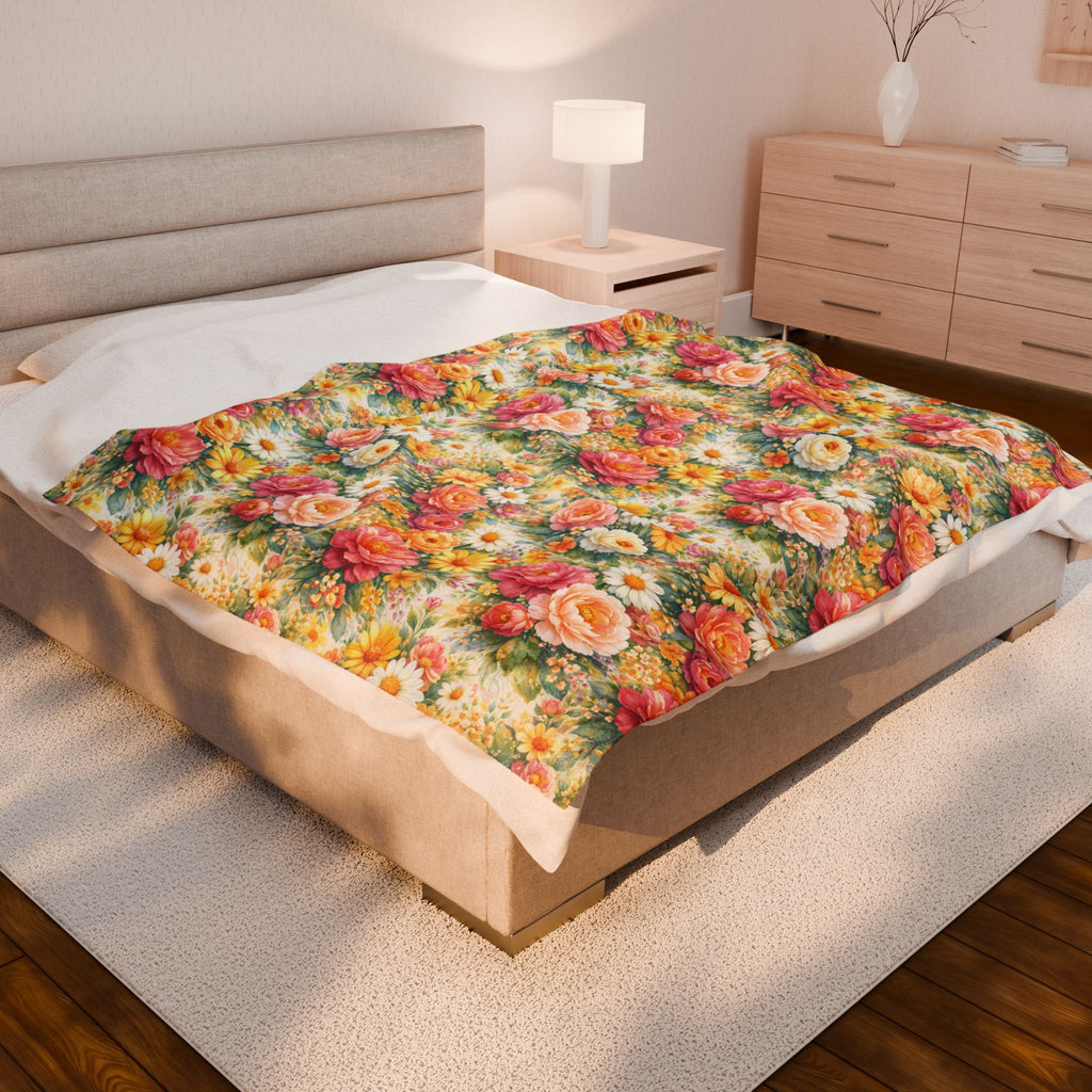 Couverture polaire en velours floral éclatant — Jeté floral esthétique en Minky