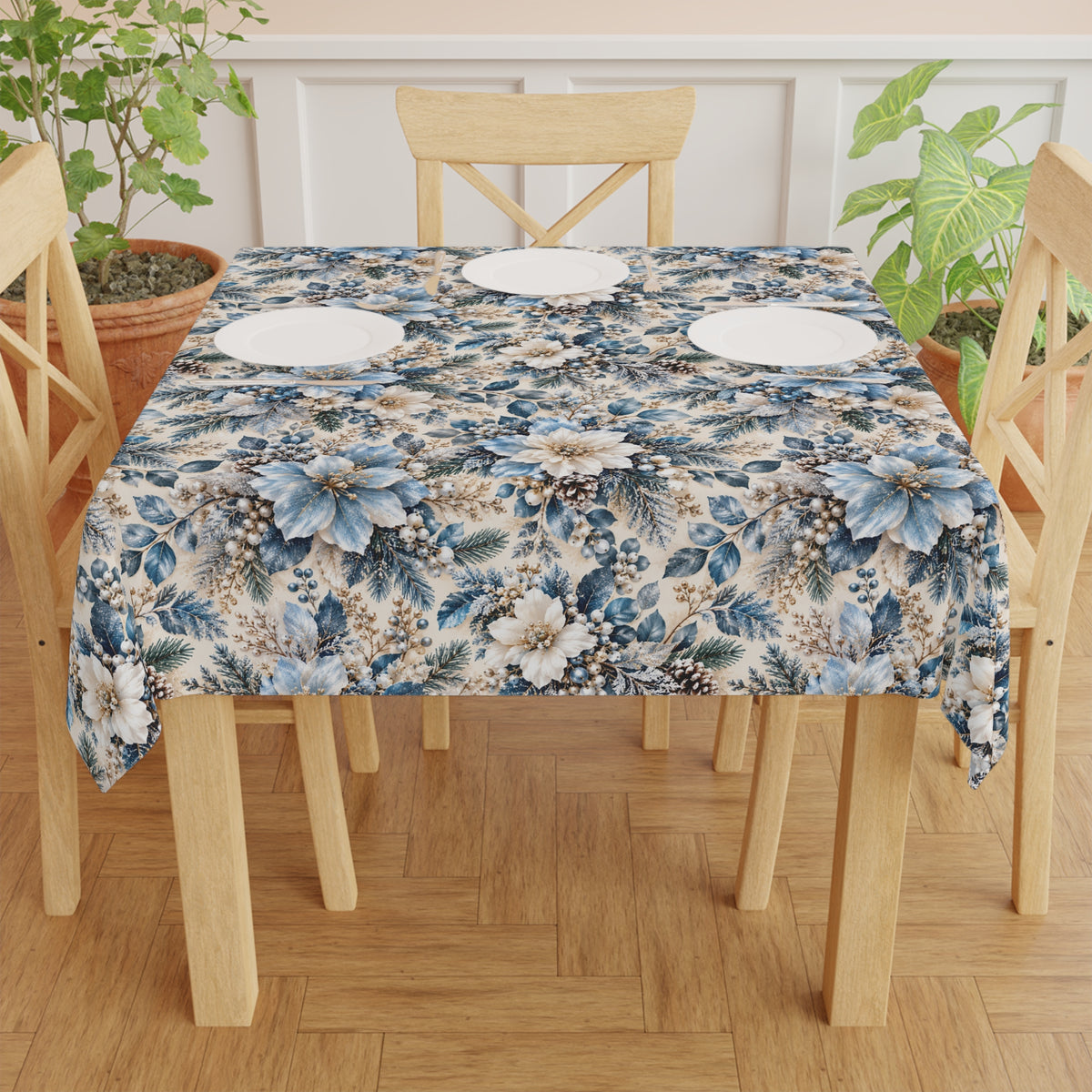Icy Blue & Cream Floral Square Tablecloth