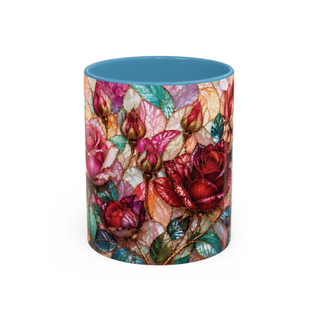 Floral Stained-Glass Accent Coffee Mug Colorful Rose Pattern (11/15 oz) Gift for Her