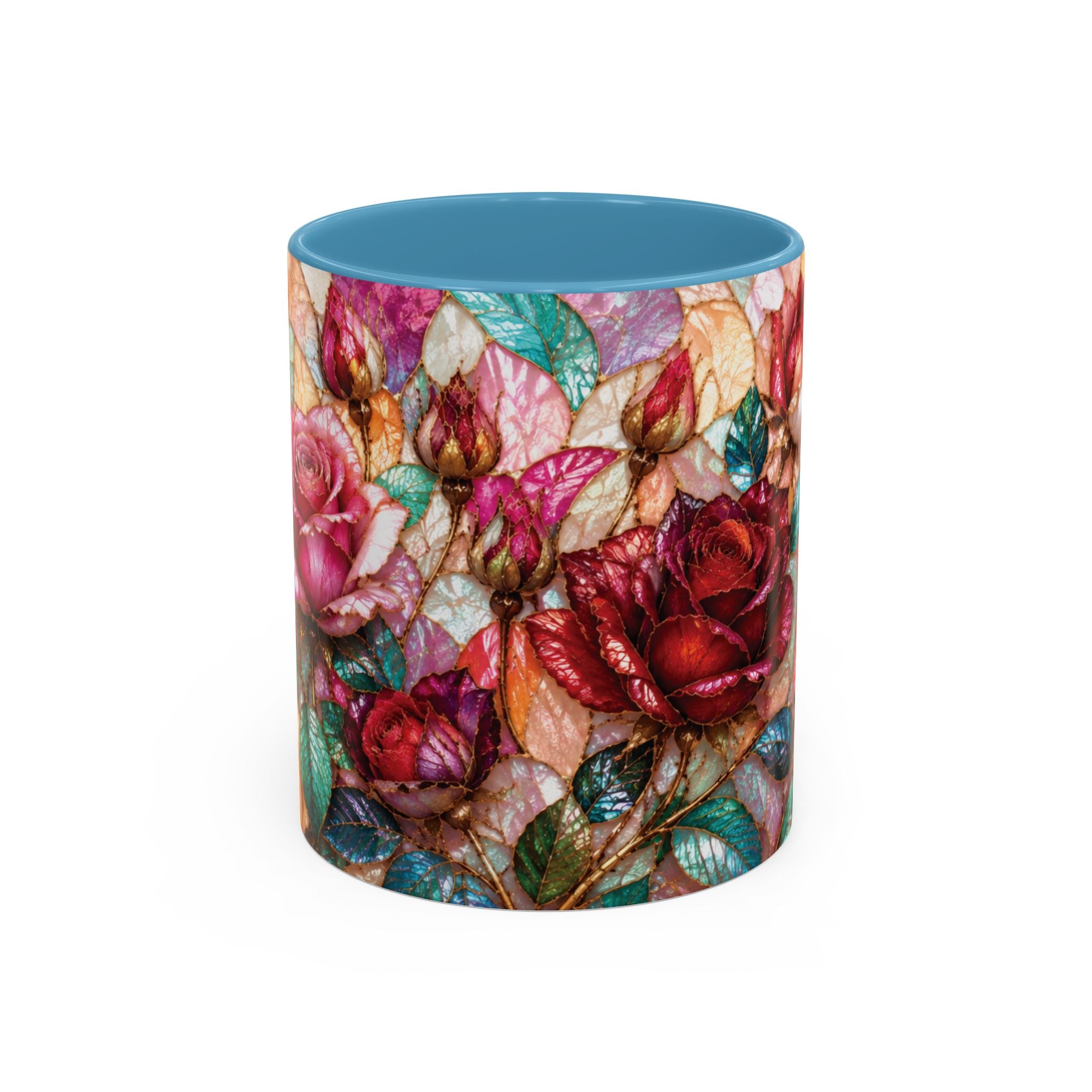 Floral Stained-Glass Accent Coffee Mug Colorful Rose Pattern (11/15 oz) Gift for Her