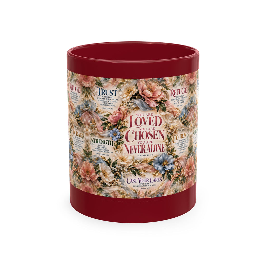 Loved Chosen Never Alone Coffee Mug | Christian Encouragement Gift for Her | Faith Floral Cup