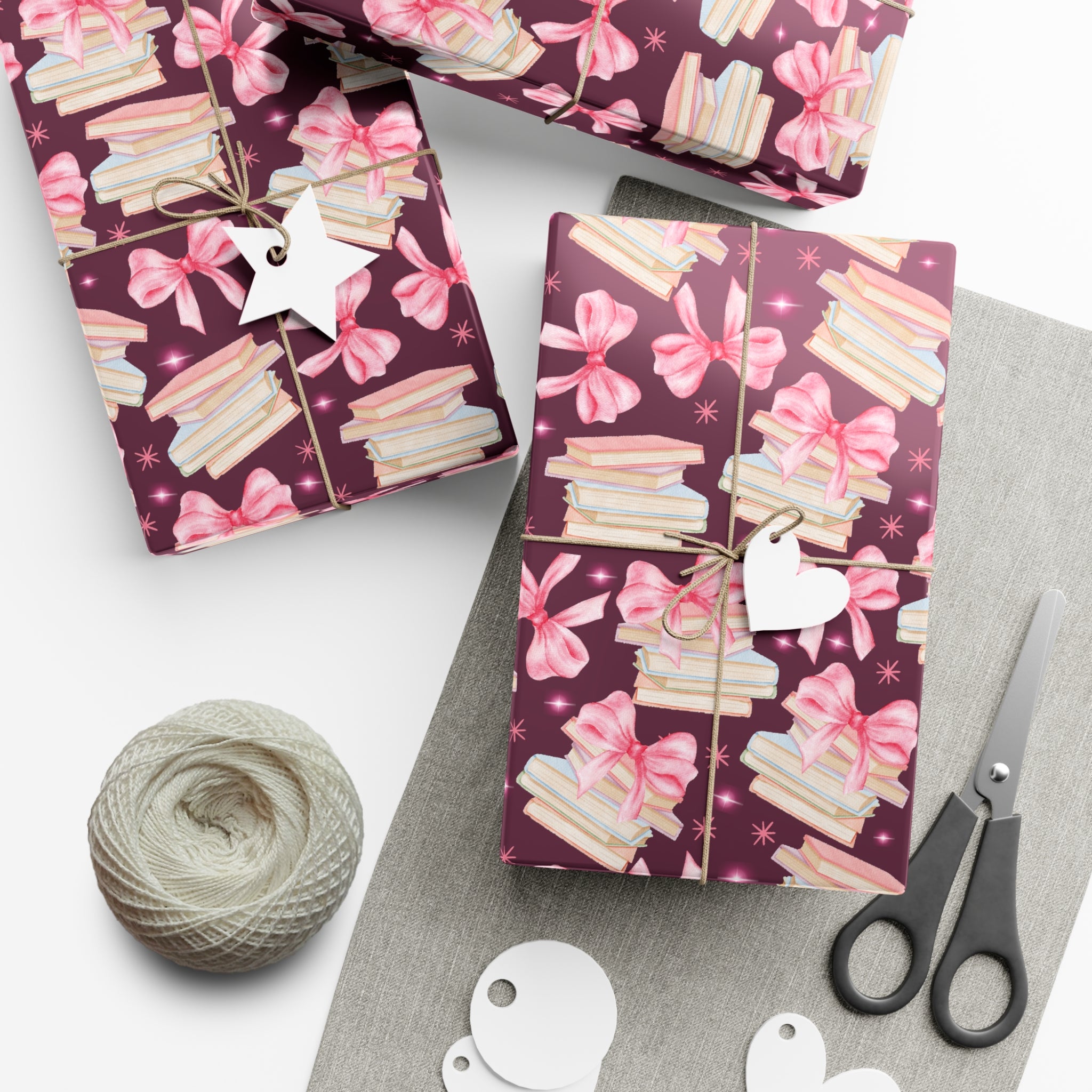 Coquette Pink Bows Books Plum Wrapping Paper Festive Holiday Gift Wrap with Perfect for Christmas Presents, Crafting, & Holiday Decor – Premium Quality - MRSBYVALLE