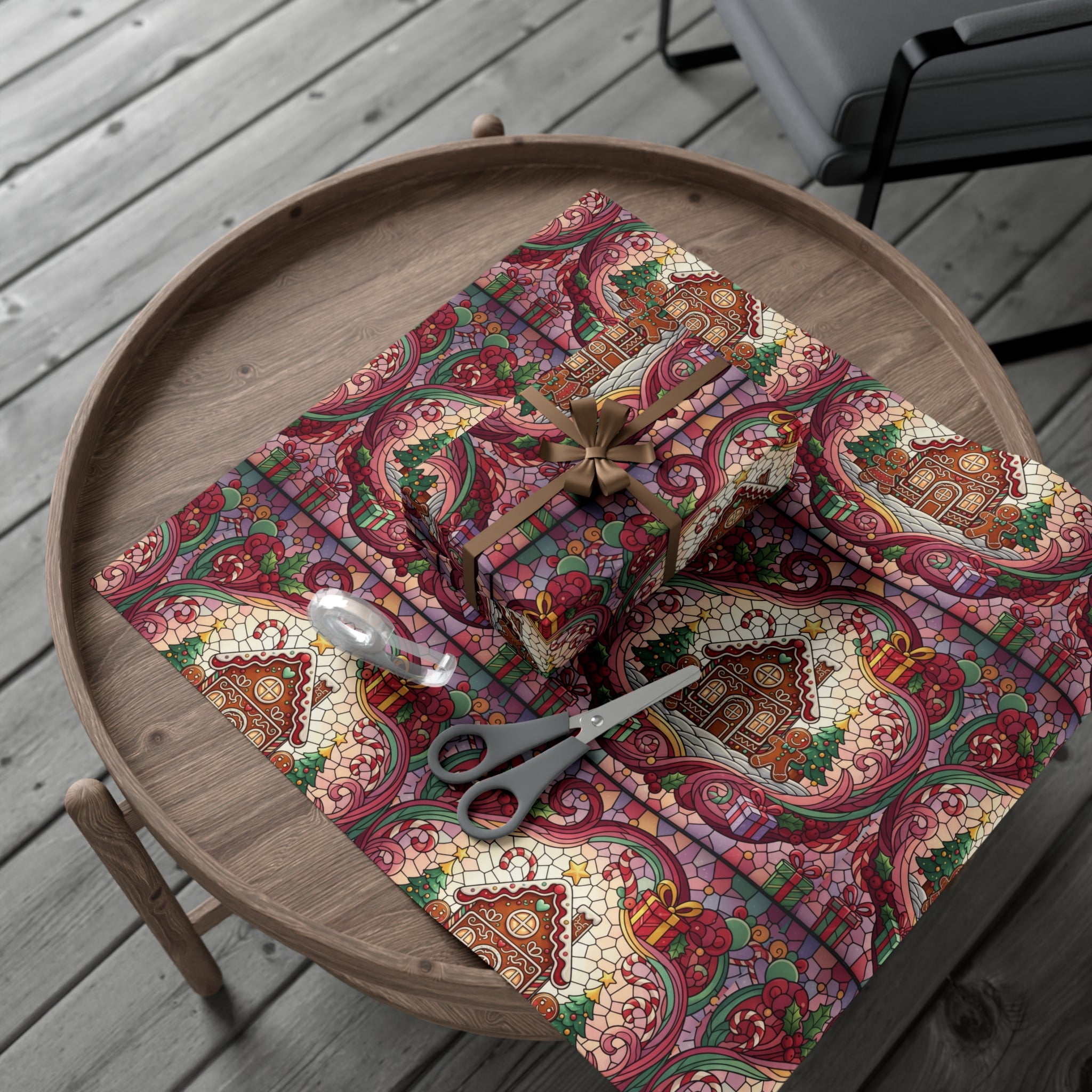 Stained Glass Gift Wrap Papers, Gingerbread House and Family Design - Wrapping Sheets, Festive Holiday Craft Supplies, Christmas Decoration