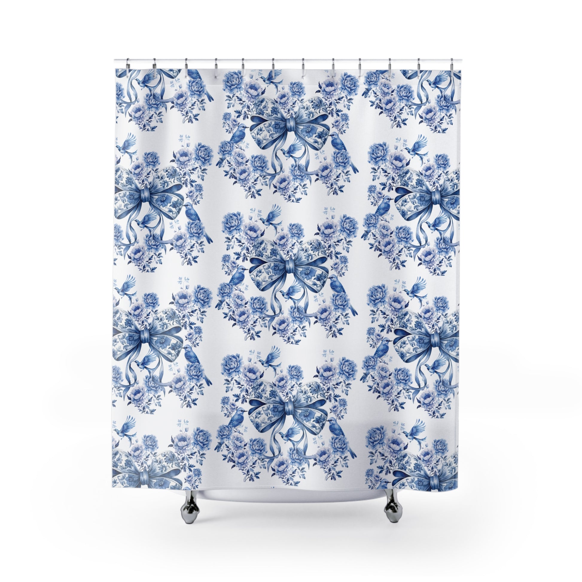 Elegant Blue Bow Chinoiserie Shower Curtain 71x74 – Vintage Bird & Floral Design, Waterproof, Stylish Bathroom Decor, Easy to Hang Maintain for a vibrant upgrade!