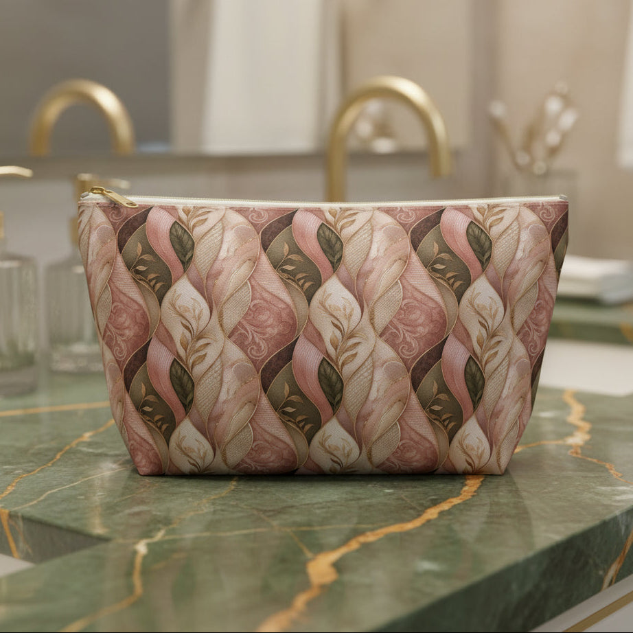 Braided Floral Accessory Pouch — Pink & Olive T‑Bottom Cosmetic Bag