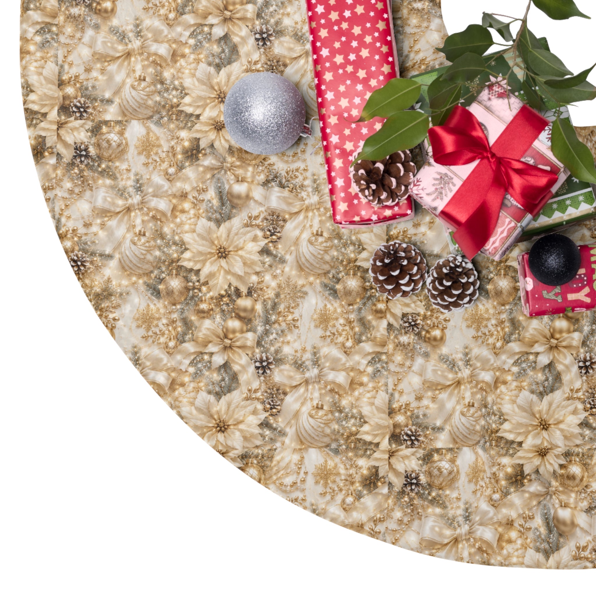 Tree Skirts - White Christmas Floral and Bows Design