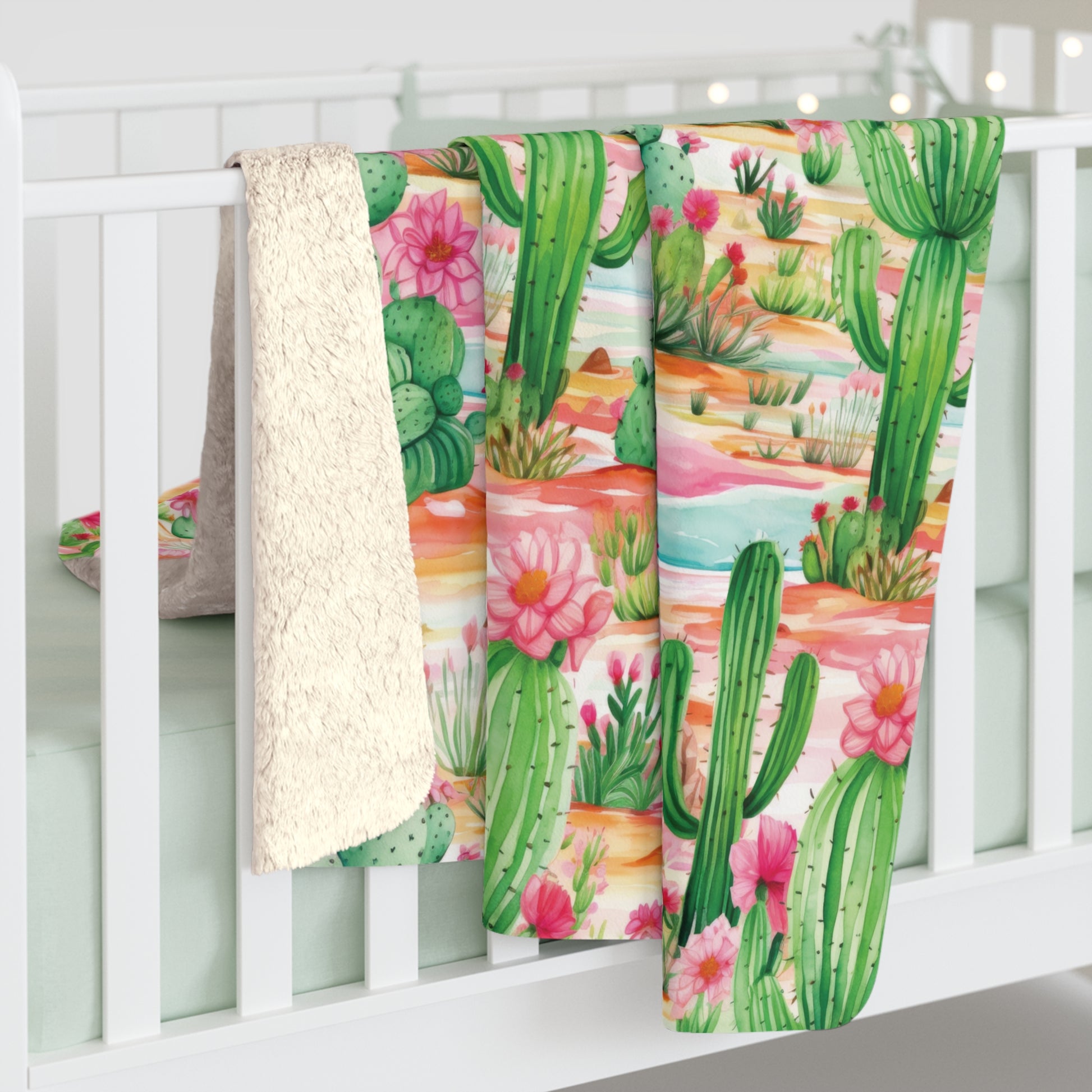 Pink and Mint Green Cactus Flowers Fleece Blanket - Soft, Cozy, Nature-Inspired Throw | Stylish Home Décor or Gift for Comfort and Warmth - MRSBYVALLE